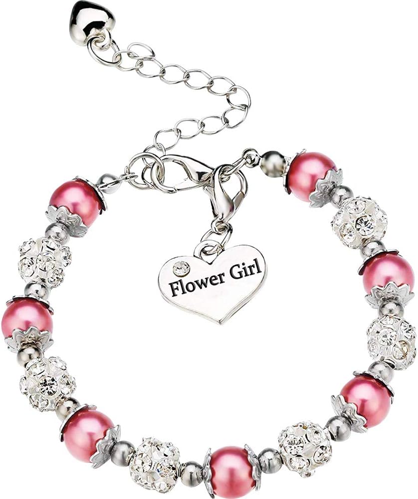 OFGOT7 Flower Girl Bracelet Wedding Party Charm Heart Pendant Rhinestone Crystal Balls Faux Pearls Gift Jewelry