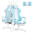Ferghana Kawaii Light Blue Gaming Chair with Bunny Ears, Ergonomic Cute Gamer Chair with Footrest and Massage, Racing Reclining Leather Computer Game Chair 250lbs for Girls Adults Teens Kids
