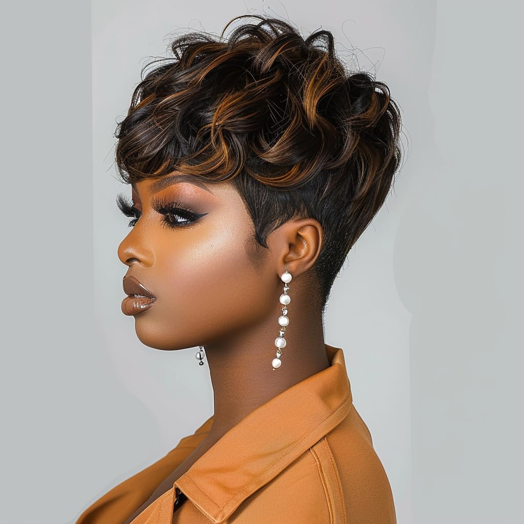 Photo 1 of Pixie Cut Wig Short Curly Wigs for Black Women Black Mixed Grey Curly Wig with Bangs Afro Wigs for Black Women Natural Wavy Synthetic Wigs for Women (Black And Brown)