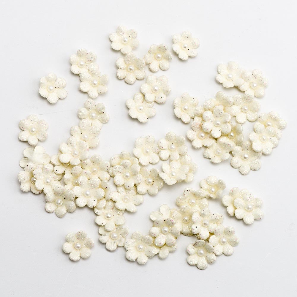 1cm Mini Glitter Paper Craft Flowers - Ivory (Pack of 60) — image 1