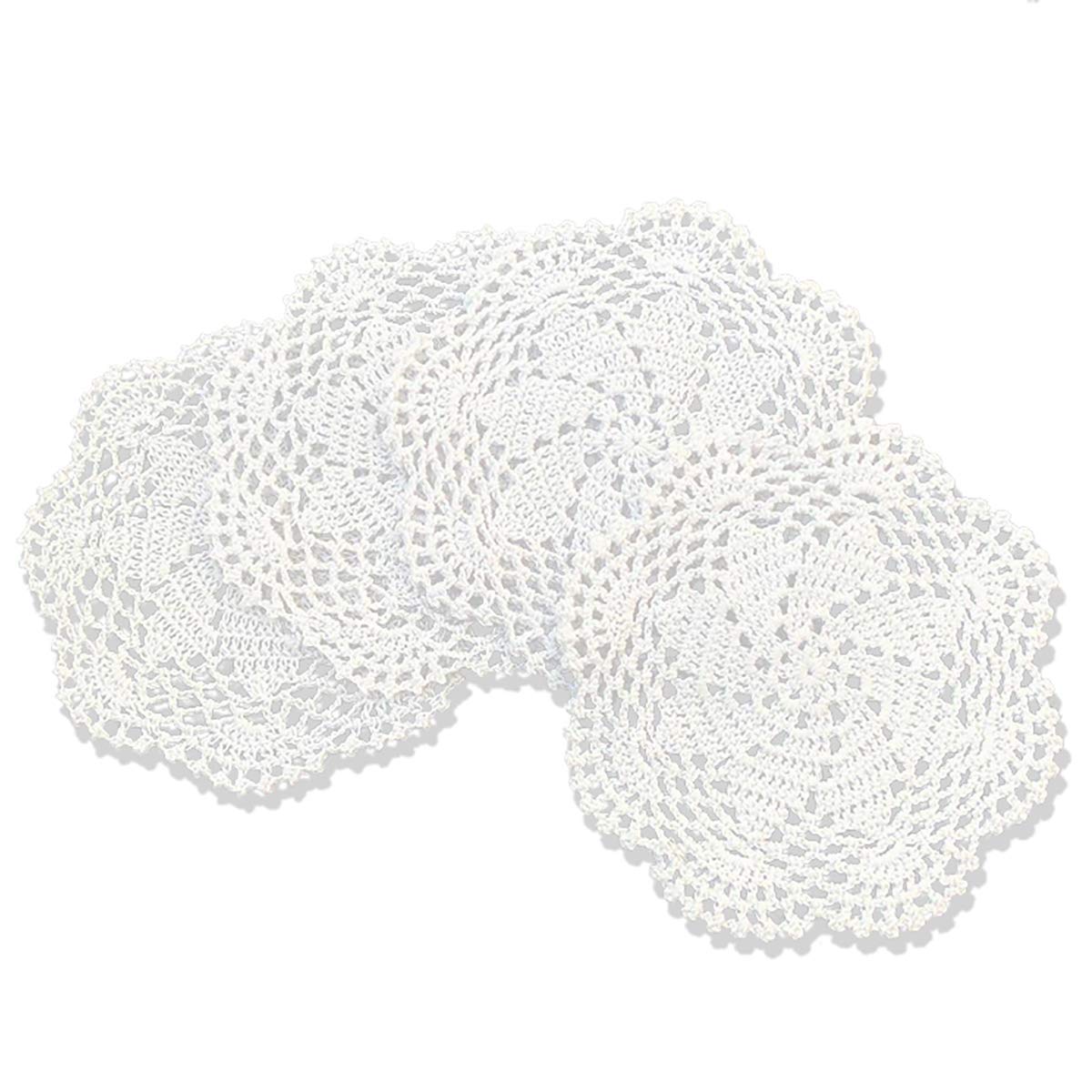 Gracebuy Pack of 4PCS White 7 Inch 100% Cotton HANDMADE Crochet Lace Placemats Coasters