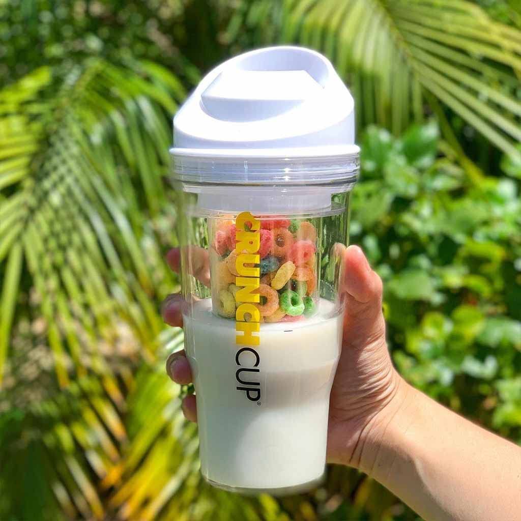 CRUNCHCUP XL White - Portable Plastic Cereal Cups for Breakfast On the Go, To Go Cereal and Milk Container for your favorite Breakfast Cereals, No Spoon or Bowl Required