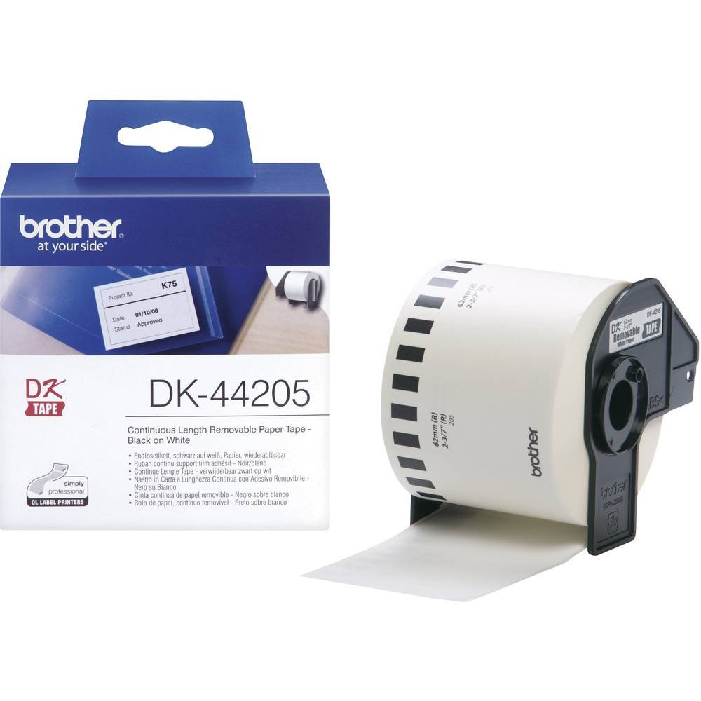 Brother DK-44205 Label Roll, Removable Continuous Length Paper, Black on White, Single Label Roll, 62mm (W) x 30.48M (L), Brother Genuine Supplies โ image 1