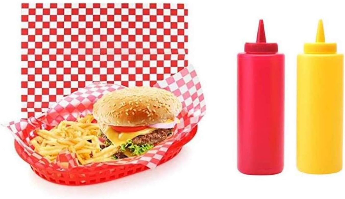 10 Piece BBQ Serving Set: 4 Baskets, 4 Paper Liners, 1 Ketchup Bottle, & 1 Mustard Bottle
