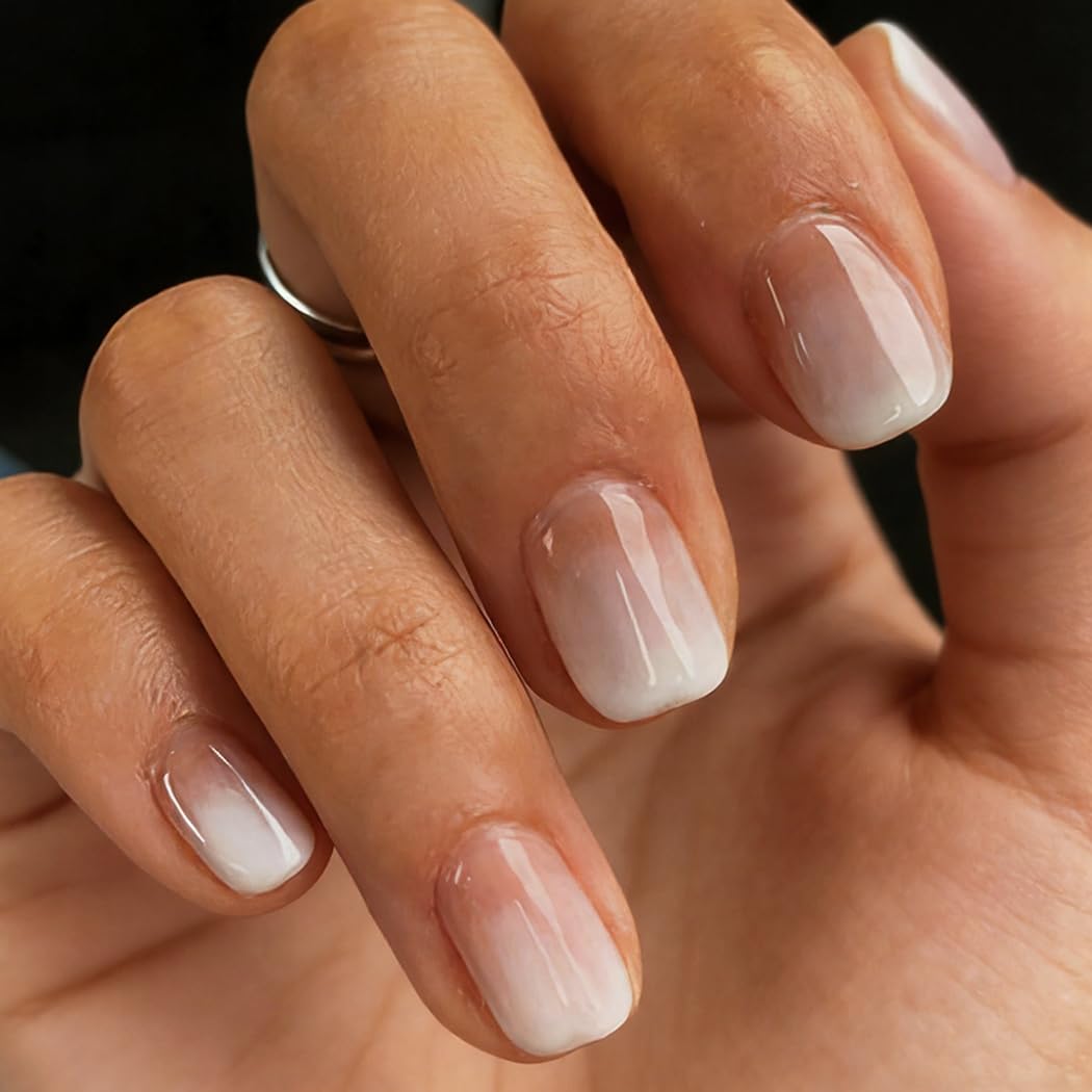 Brishow Coffin White Short Gradient Acrylic Press on Nails - Full Cover Stick on 24pcs for Women and Girls