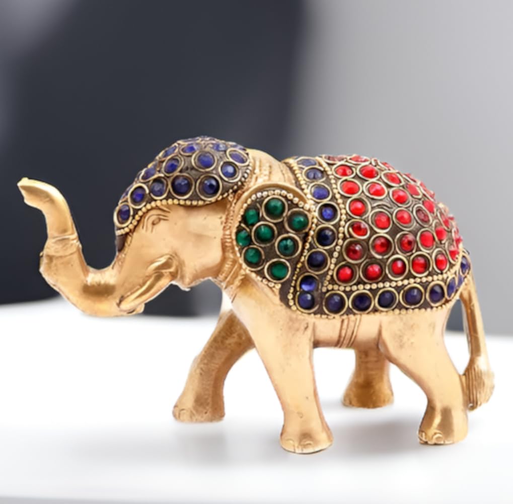 Purpledip Brass Idol 'Airaavat, The Divine Elephant': Rare Statue with Glittering Gemstones; Feng Shui Vastu Good Luck Charm (11451)