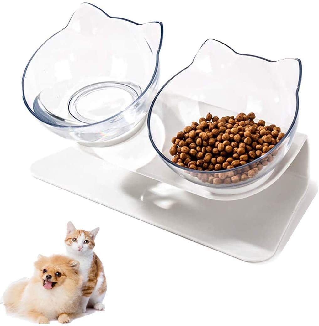 Linseray? Cat Bowl with Raised Stand, 15°Tilted Platform Cat Feeders Anti-Slip Transparent Cat Food and Water Bowl Detachable Pet Bowl for Cats and Small Dogs, White