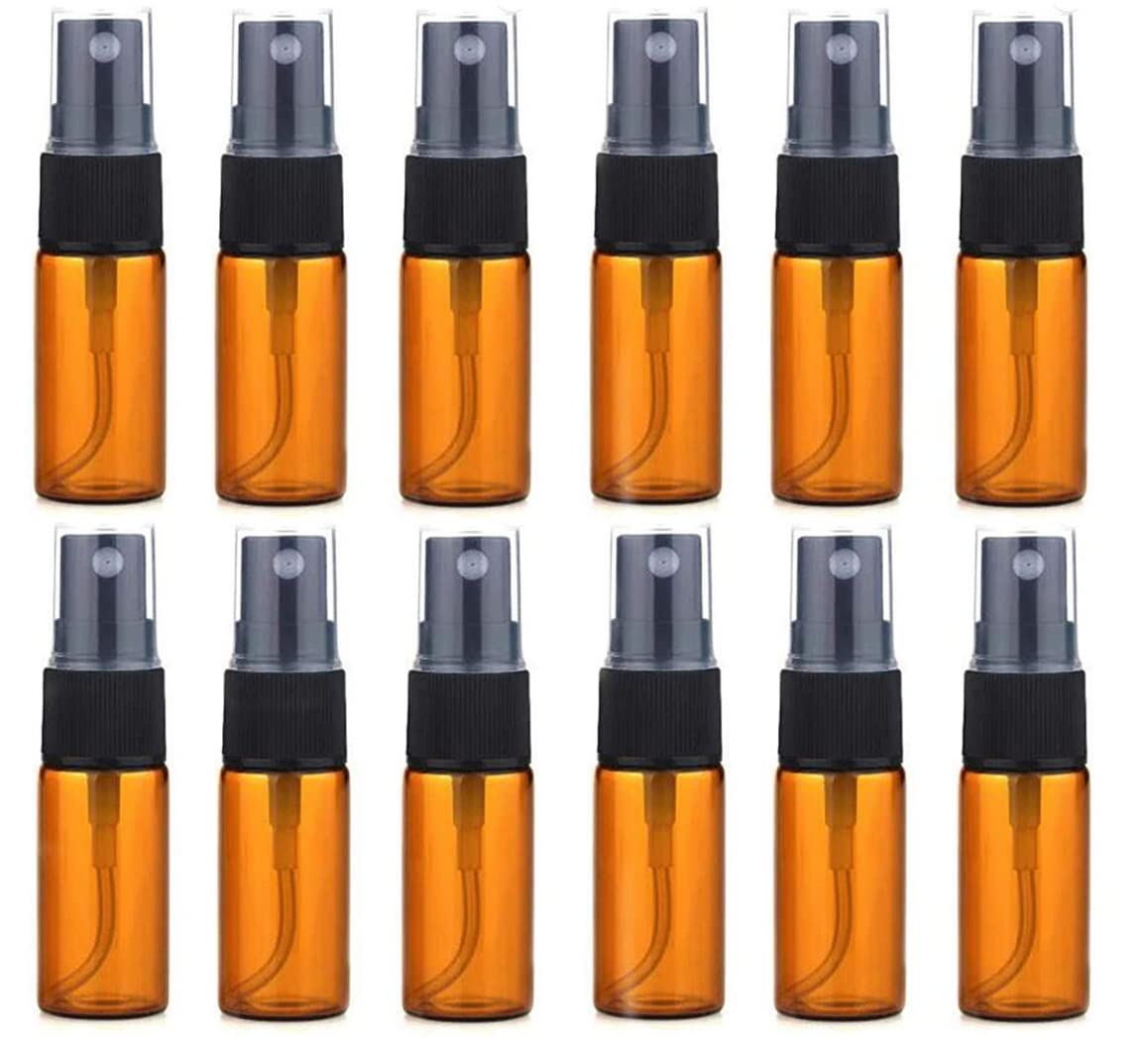 ericotry 12 PCS Amber Glass Bottles Empty Spray Bottle Round Glass Bottle with Clear Sprayer- Perfect for Essential Oil Formulas Aromatherapy and Other Cosmetic Products (10ml/0.34oz)