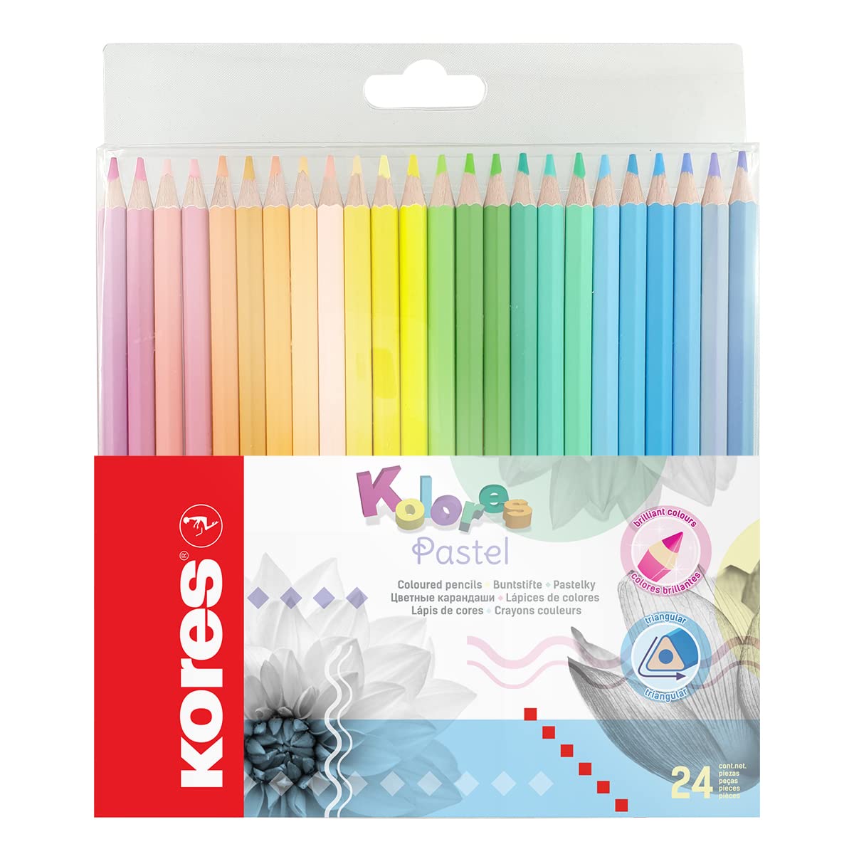 Kores - Kolores Pastel 24 Colouring Pencils, Triangular Shape - Coloured Pencils with Pastel Shades for White, Dark and Craft Paper - Back to School Supplies - 24 Assorted Colours, Pack of 1