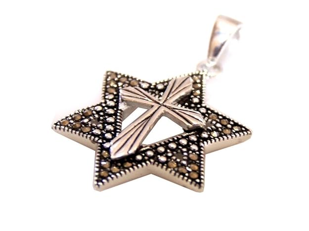 Marquiseschliff Star of David mit einem Kreuz messianischen Anhänger mit Markasit Bordüre holylandmarket – Silber messianisch