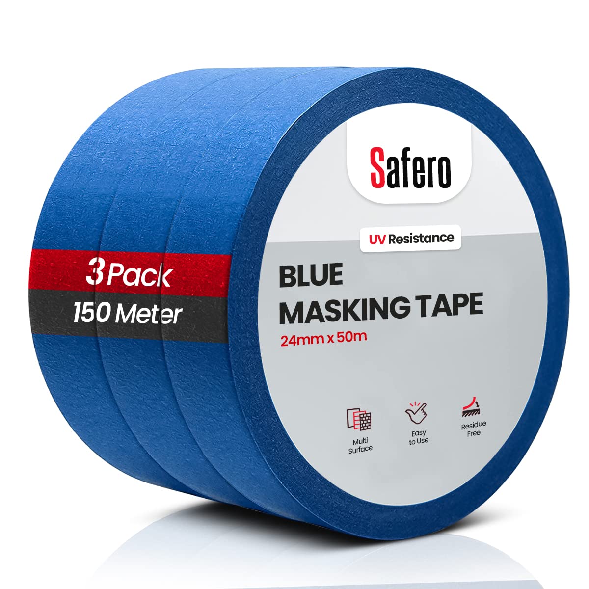 Safero Pack of 3 Blue Masking Tape for Painting 24mm X 50 Meter | UV Resistance Painter Tape used by Master Painters, Car Painters and artists | Strong Sticky Sharp Edge Tape for Decorating & DIY
