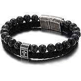 Raymard Mens Christian Cross Double Row Leather Bracelet, Religious Braided Cuff Bracelet for Men