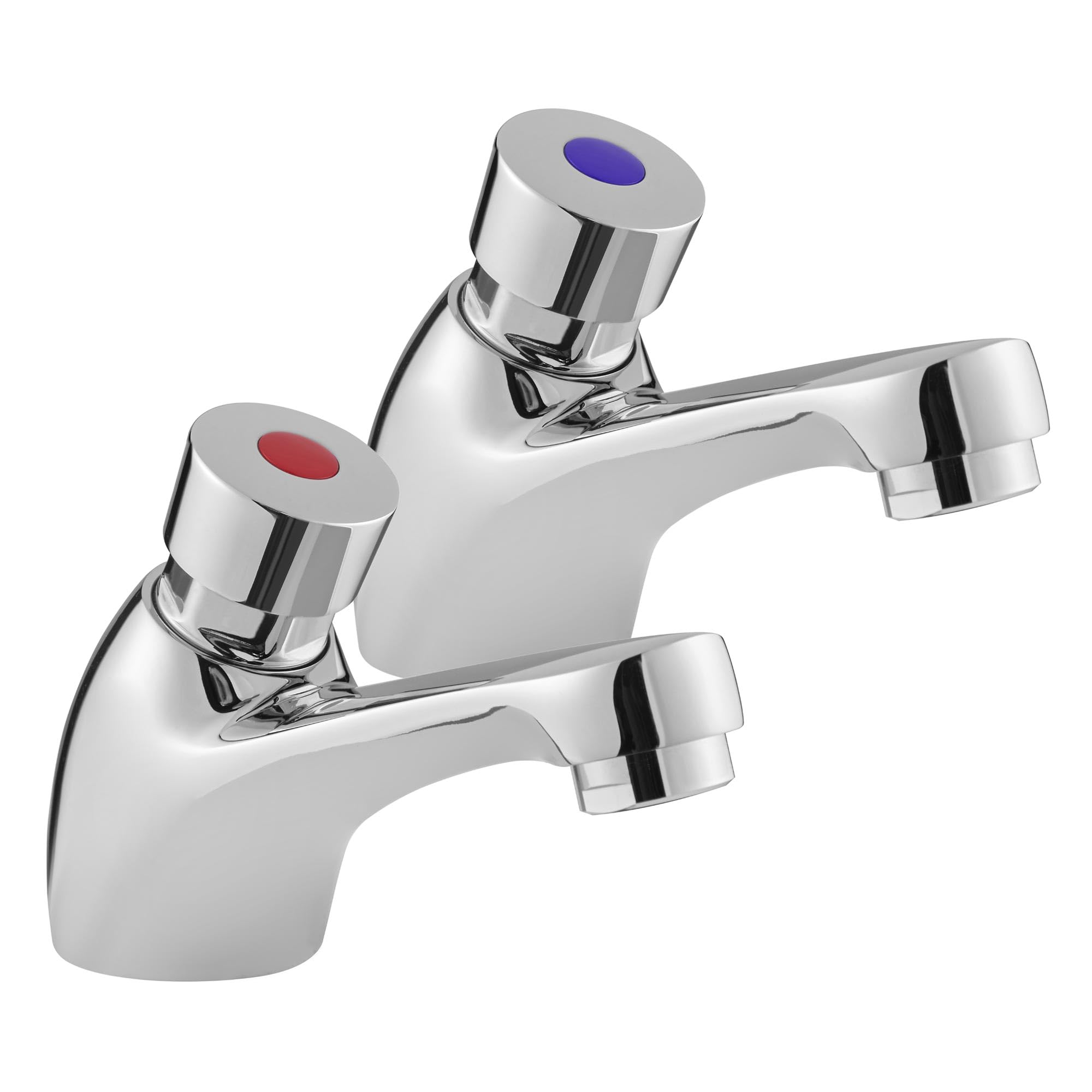 Deva NCT001 Chrome Non Concussive Push Button Basin Taps Hot & Cold - Toilet Ensuite Public Dementia Alzheimer’s Water-Saving Safety Tap - Dual Silver Pair Set Sink Press Faucet – 12 Year Warranty