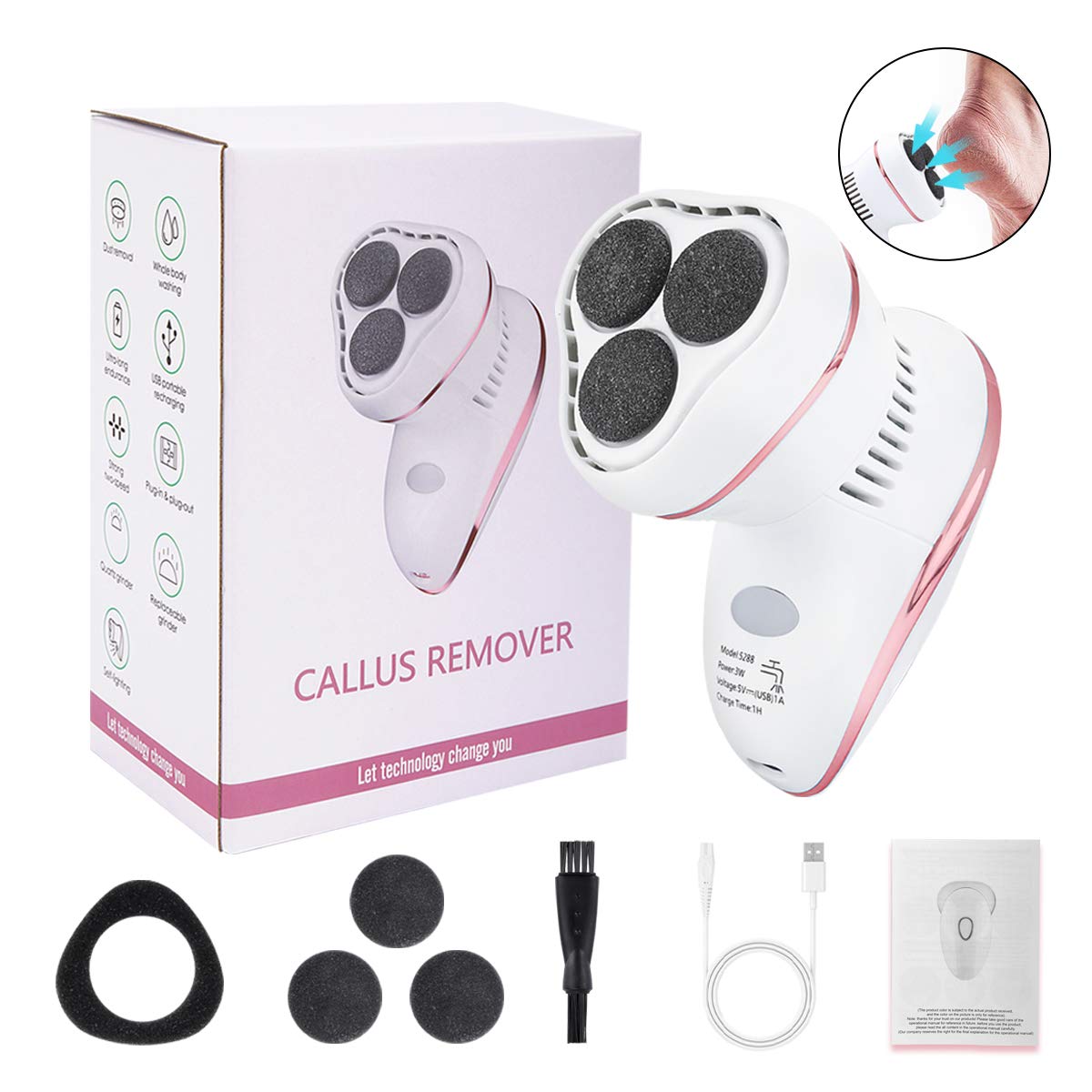 Electric Foot Callus Remover, Yokilly 3 Grinding Head Waterproof Rechargeable Pedicure Tools for Feet, Professional Feet File Care Kit Perfect for Dead, Hard Cracked Dry Skin Ideal Gift