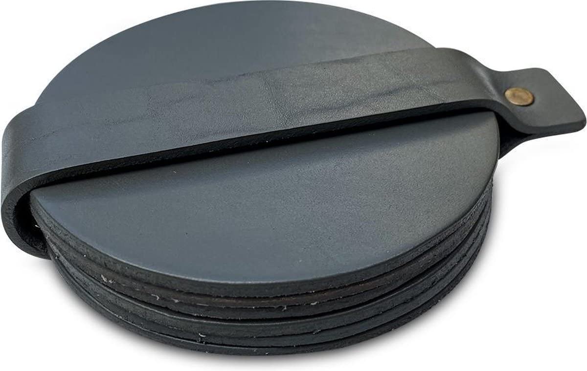 Brute Strength - Full grain leather coasters - Grey - Round - 6 pcs - Round coaster for glass - Coasters for drinks - includes holder