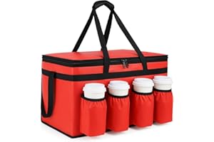 CIVJET Insulated Food Delivery Bag with 4 Cup Holder, XXX-Large Insulated Grocery Bags with Zippered Top, Cooler Bags with Drink Carrier, Food Carrier Catering Bag, Commercial Food Warmers, Red