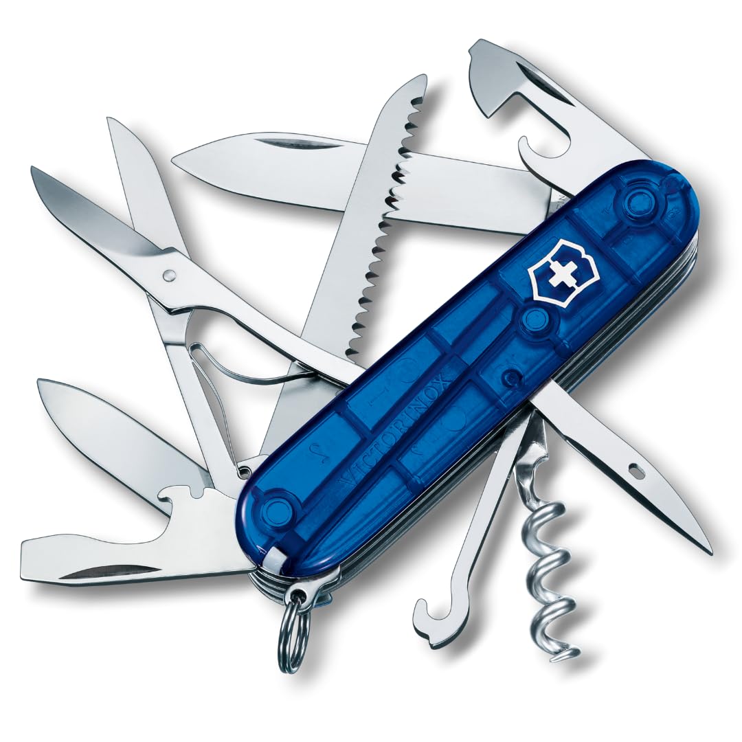 Victorinox Huntsman Swiss Army Knife, Medium, Multi Tool, Camping Knife, 15 Functions, Large Blade, Bottle Opener, Blue Transparent