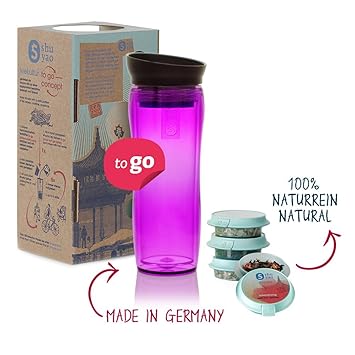 Shuyao Starter Set Tea to Go Thermobecher violett (360ml) mit integriertem Teesieb + 3X naturreiner Loser Tee 9g