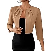 SOLY HUX Women's Blazer Jacket Open Front 3/4 Sleeve Pleated Work Office Cropped Jacket