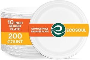 ECO SOUL 100% Compostable 10 Inch Paper Plates [200-Pack] Disposable Party Plates I Heavy Duty Eco-Friendly Sturdy Dinner Pla