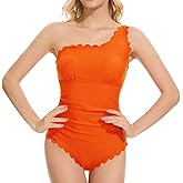 One Shoulder One Piece Swimsuit for Women Scalloped Bathing Suit Full Coverage Modest Slimming Swimwear