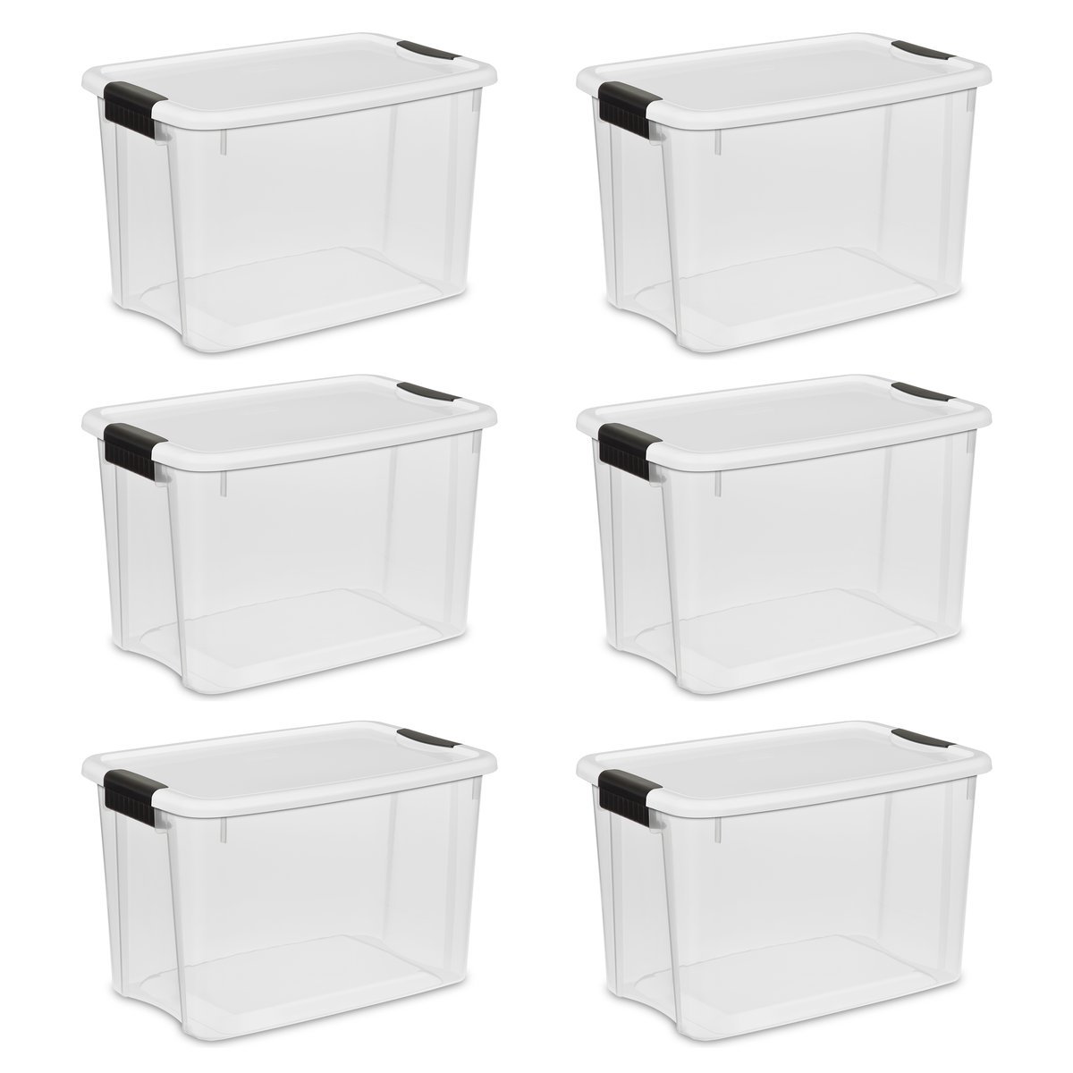 Sterilite 19859806, 30 Quart/28 Liter Ultra Latch Box, Clear with a White Lid and White Latches, 6-Pack