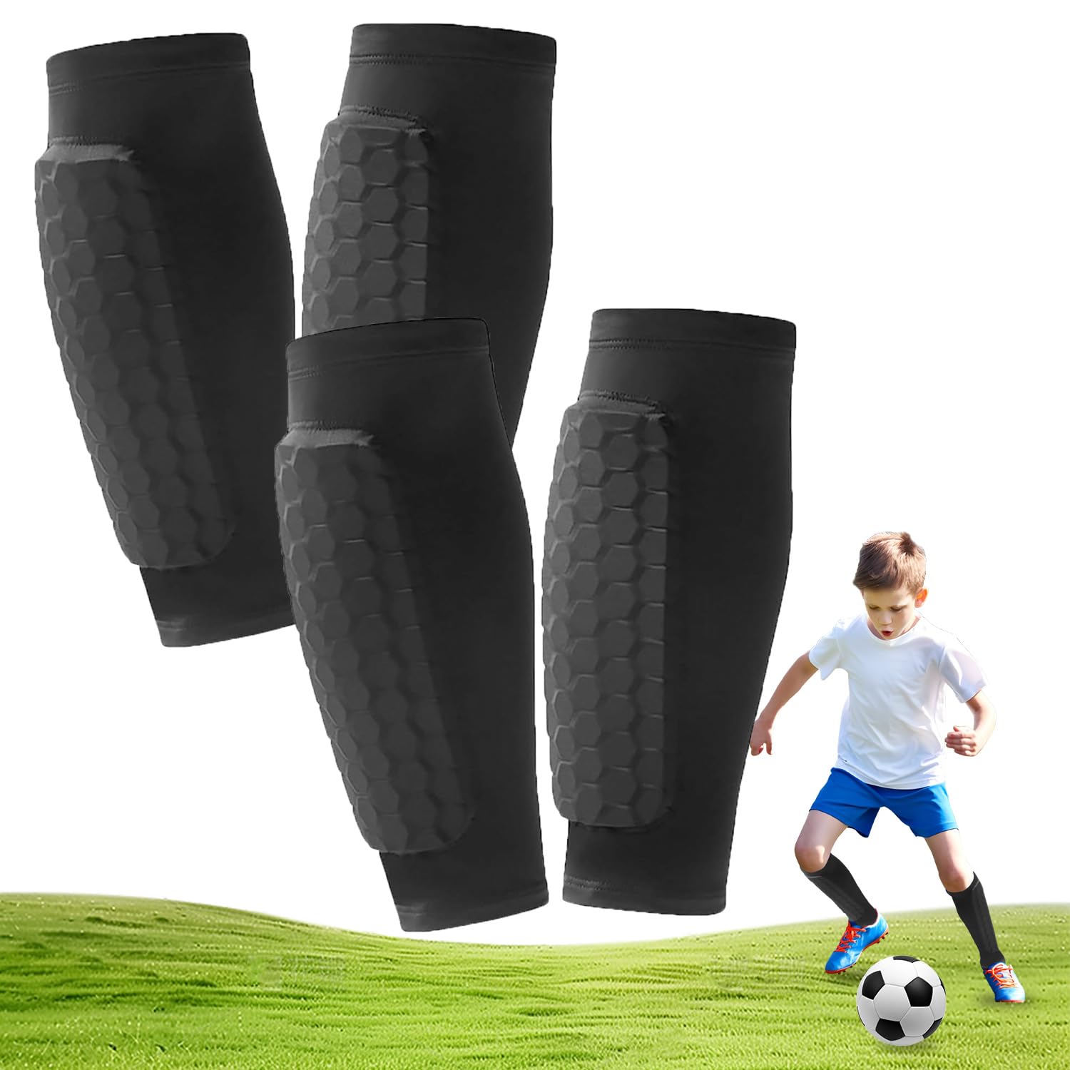Photo 1 of 2 Pairs Soccer Shin Guards, Shin Guards Soccer Kids Youth Adult Calf Compression Sleeve with Honeycomb Pads Lightweight Calf Protective Gear for Football & Baseball Boxing MTB for Boys, Girls