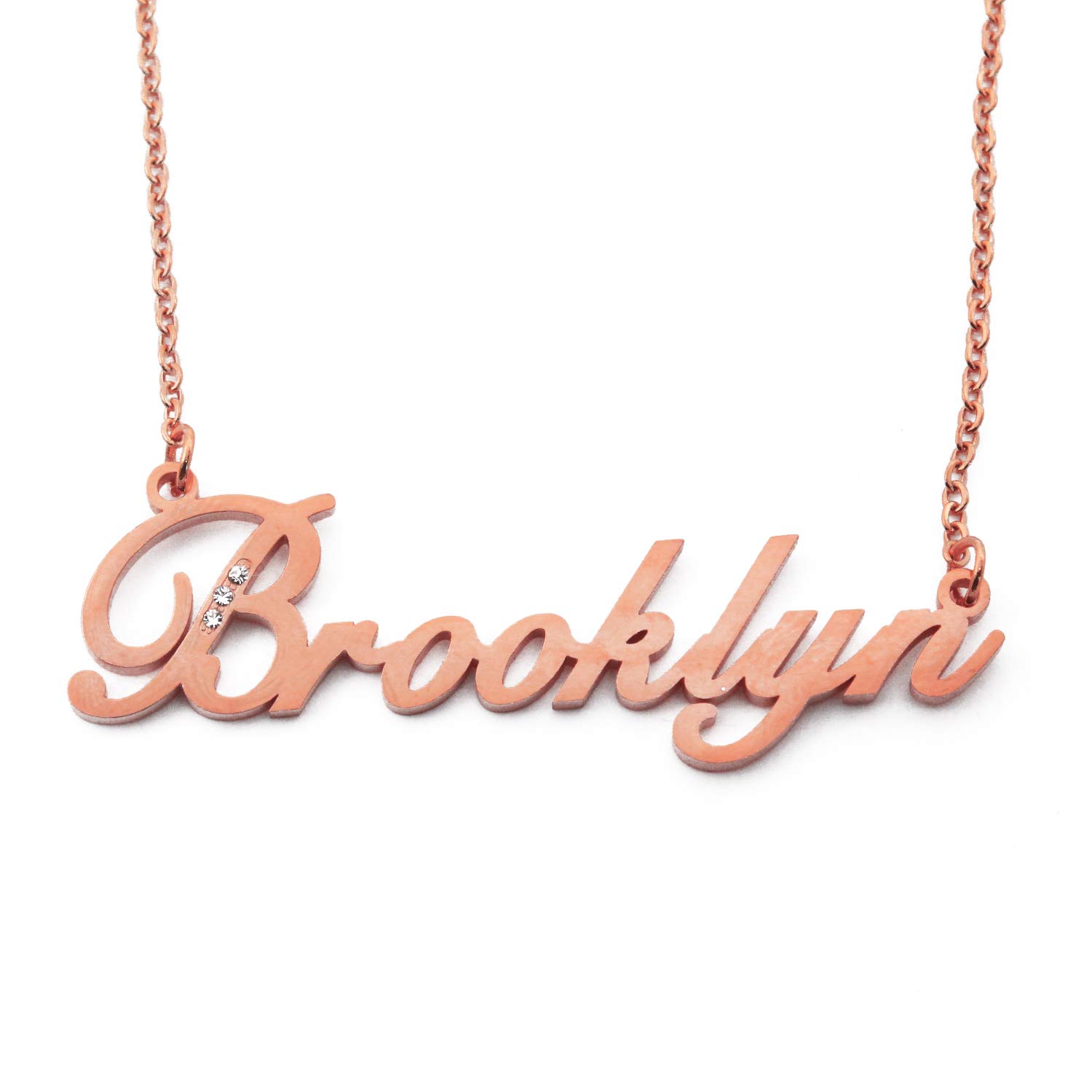 Kigu Brooklyn Name Necklace Personalised Rose Gold Plated Inc Crystals, Custom Dainty Name Pendants, Jewellery for Ladies, Girlfriend, Mother, Sister, Friends Inc Bag & Box