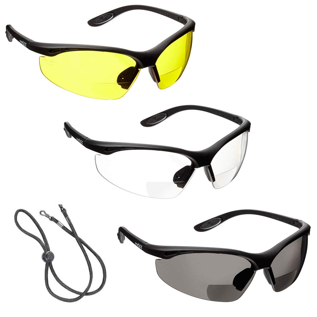 voltX 3 x CONSTRUCTOR' BIFOCAL Reading Safety Glasses (+2.5 Dioptre Clear, Yellow & Smoke Lens) UKCA & CE EN166f certified/Cycling Sports Glasses Wraparound Style + Safety Cord with headstop