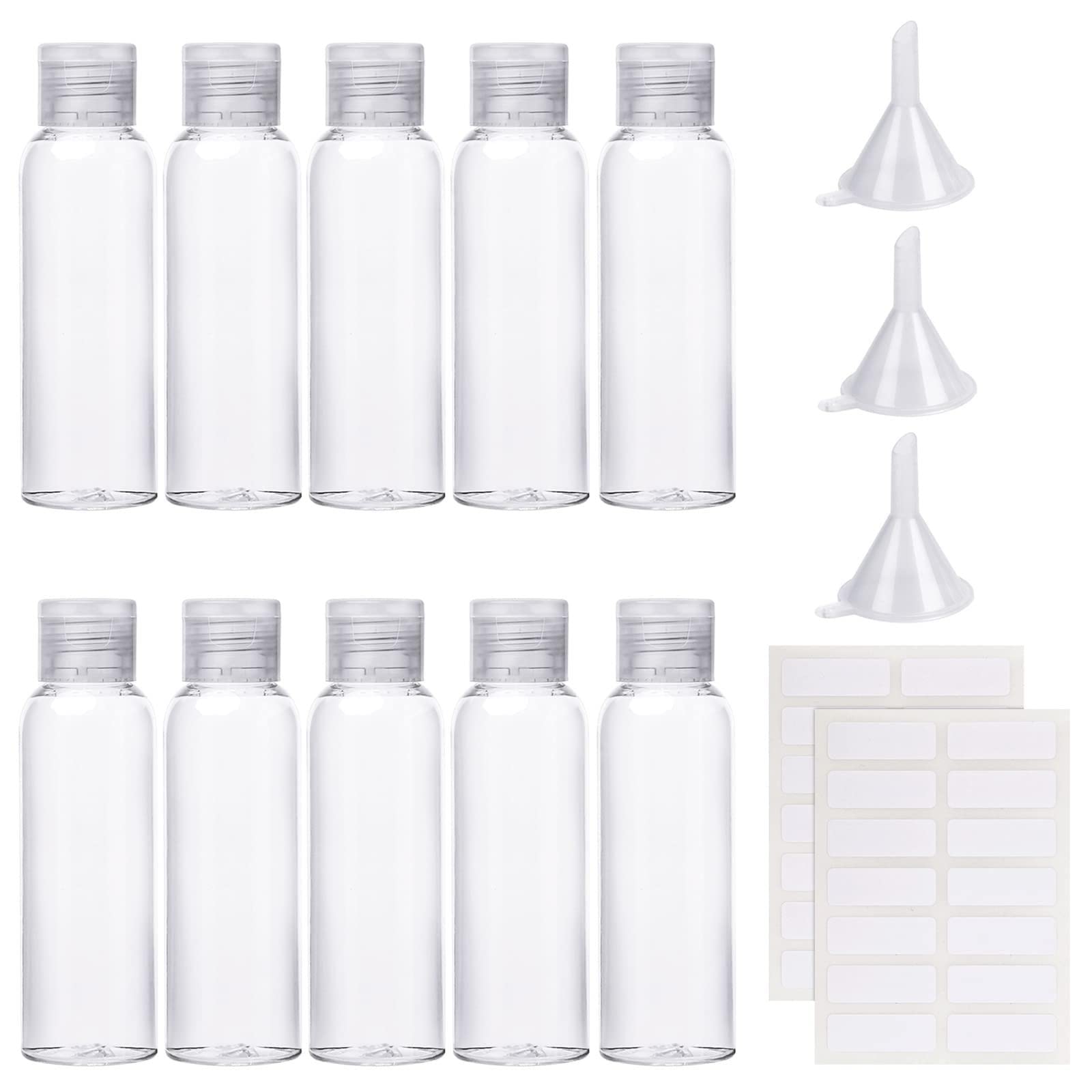 Sinofort 10Pcs 60Ml Plastic Bottles with Lids Small Bottles for Travel Empty Cosmetic Containers Flip Top Bottle with Funnels Syringe and Labels for Liquids Cosmetic Products Toiletries(60ML)