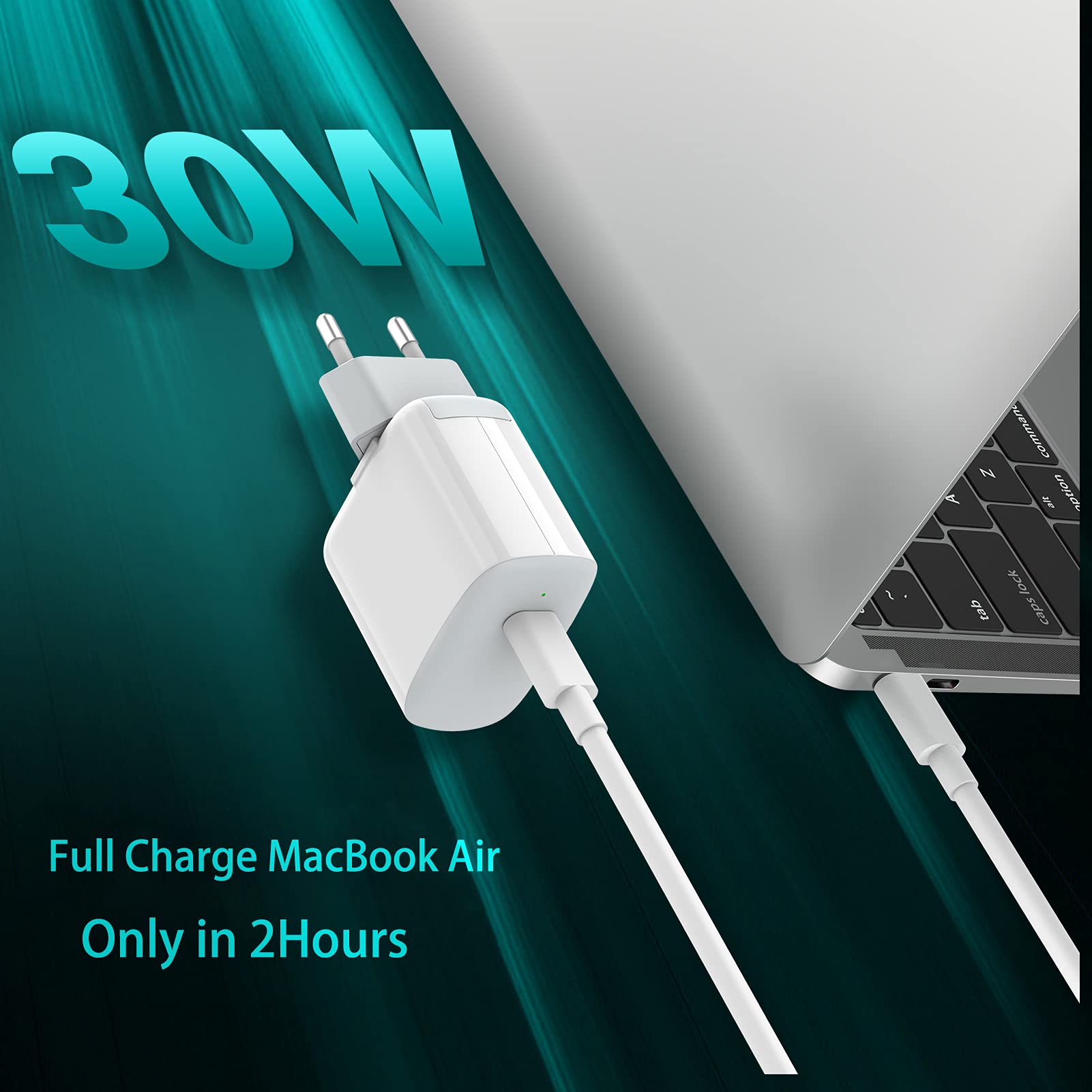 30W USB C Ladegerät Kompatibel mit MacBook air 13 12 Zoll, iPad Pro 13, 12.9, 11 Zoll 2024 2023 2022 2021 2020 2019 M4 M2 M1, iPad Air, Mini 6, iPad 10, iPhone 16 15, Pixel 8 7, 2M/6.6FT USB-C Kabel 2