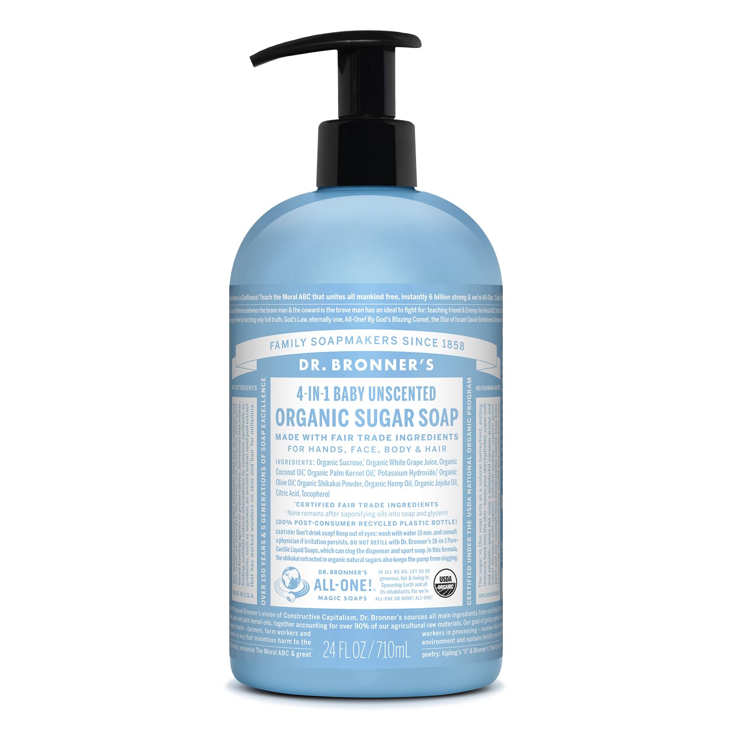 Dr Bronner’s 4-in-1 Organic Unscented Baby Sugar Soap, Made with Organic Oils and Sugar, For Hands, Body, Face & Hair, Fair Trade Certified & Vegan Friendly, 710ml Recycled Pump Bottle