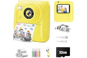 QDH Instant Print Camera for Kids, 1080P Video Camera with 3 Print Rolls, 32GB Card & Cute Cover, Gift for Girls Boys Age 3-12, Toddler Digital Camera with Games, Filters, Music – Yellow