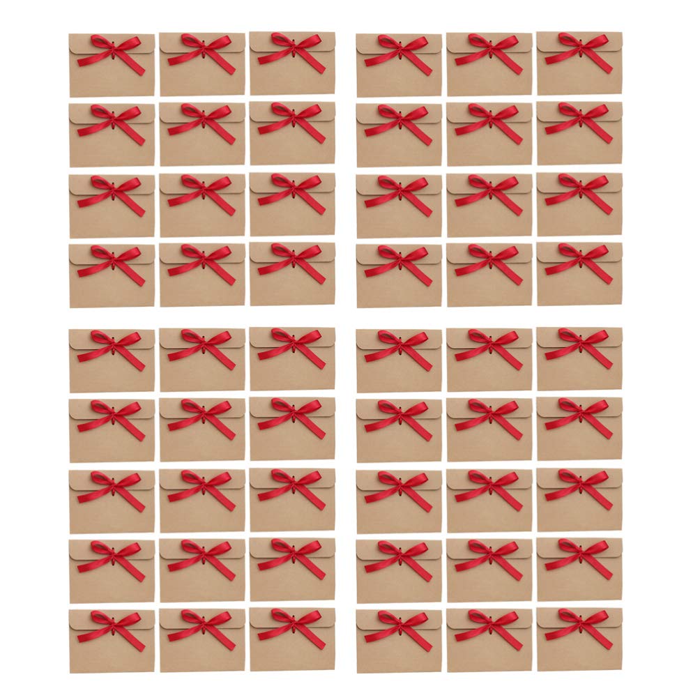 50pcs Card Envelopes Bow Ribbon Kraft Paper Envelopes Card Holders for Wedding Party Invitation Wine Red