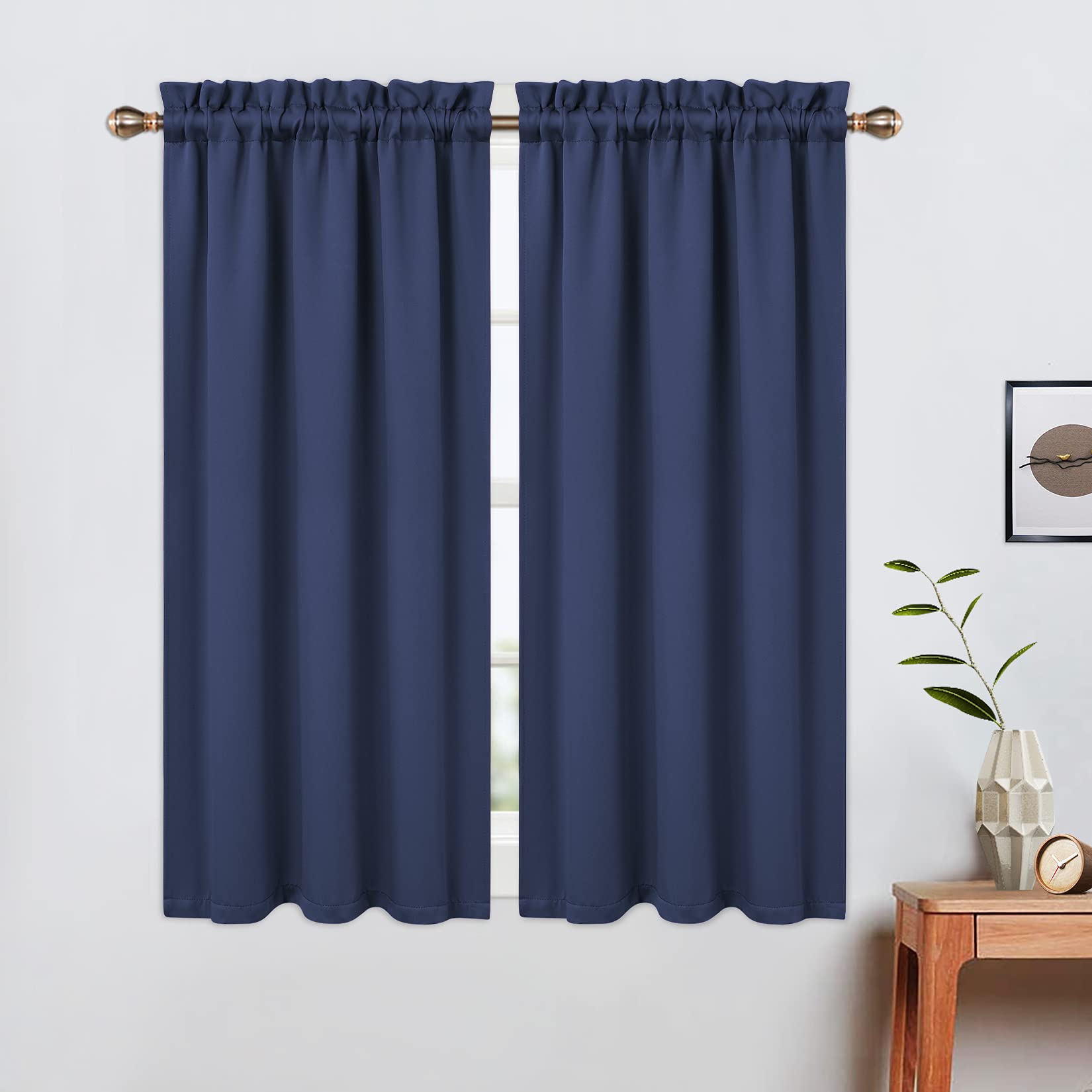 LinTimes Blackout Short Curtains 45 Inches Long for Bathroom Set 2 Panels Rod Pocket Cafe Tier Curtains Light Blocking Blackout Room Darkening Camper Curtains for Small Windows Kitchen Navy Blue