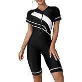 ECUPPER Women One Piece Short Sleeve Swimsuit Boyleg Rash Guard Covered Surfing Suit Zipper Bathing Suit with Built in Bra