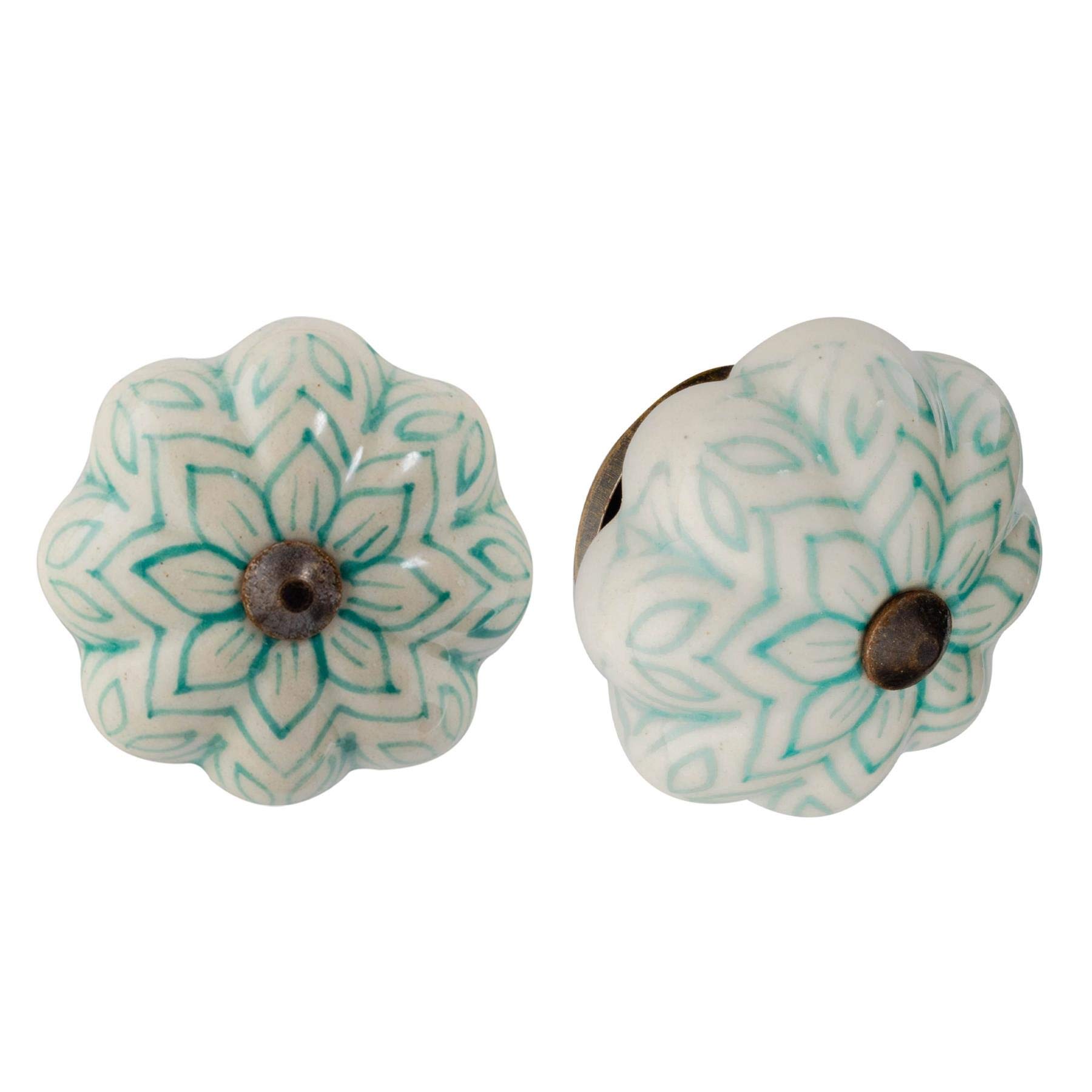 Nicola Spring Ceramic Cupboard Drawer Handle Knobs - Vintage Flower Design - Mint Green - Pack of 6