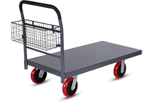 5SECONDS Flatbed Platform Cart Industrial Dolly Cart Heavy Duty 48” x 24” Platform Hand Truck Push Cart Super Heavy Duty Diamond Plate Flatbed Cart with 3000Lb Capacity 8'' Swivel Wheels Moving Cart w/Basket