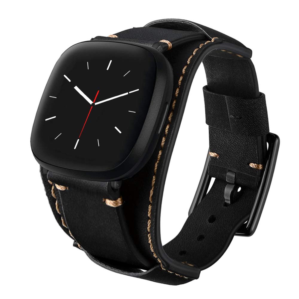 Leotop Compatible with Fitbit Versa 3/Sense Bands Genuine Leather Cuff Band Replacement Strap with Stainless Steel Clasp Compatible for Men Women (Black)
