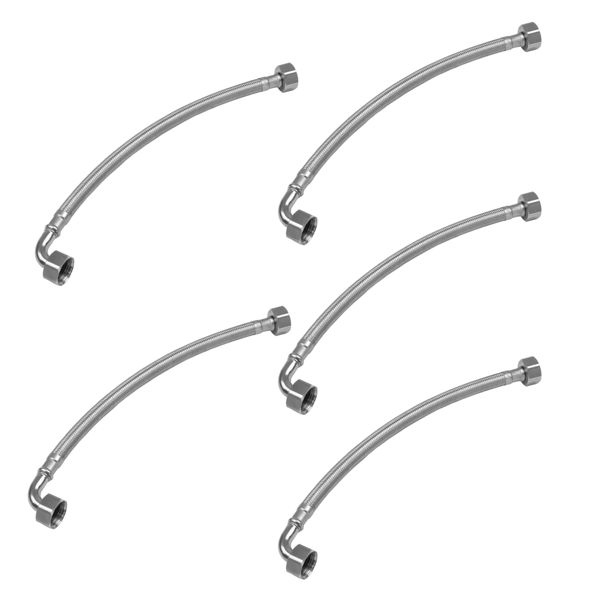 Xcel Home WRAS Approved Elbow 1/2 (90°) x 1/2 BSP x 300mm Flexible Pipe Connectors | 2 Sizes - 5 Pipes| Elbowed Stainless Steel Braided Flexi Pipes for Boilers, Plumbing Bathrooms, Kitchens