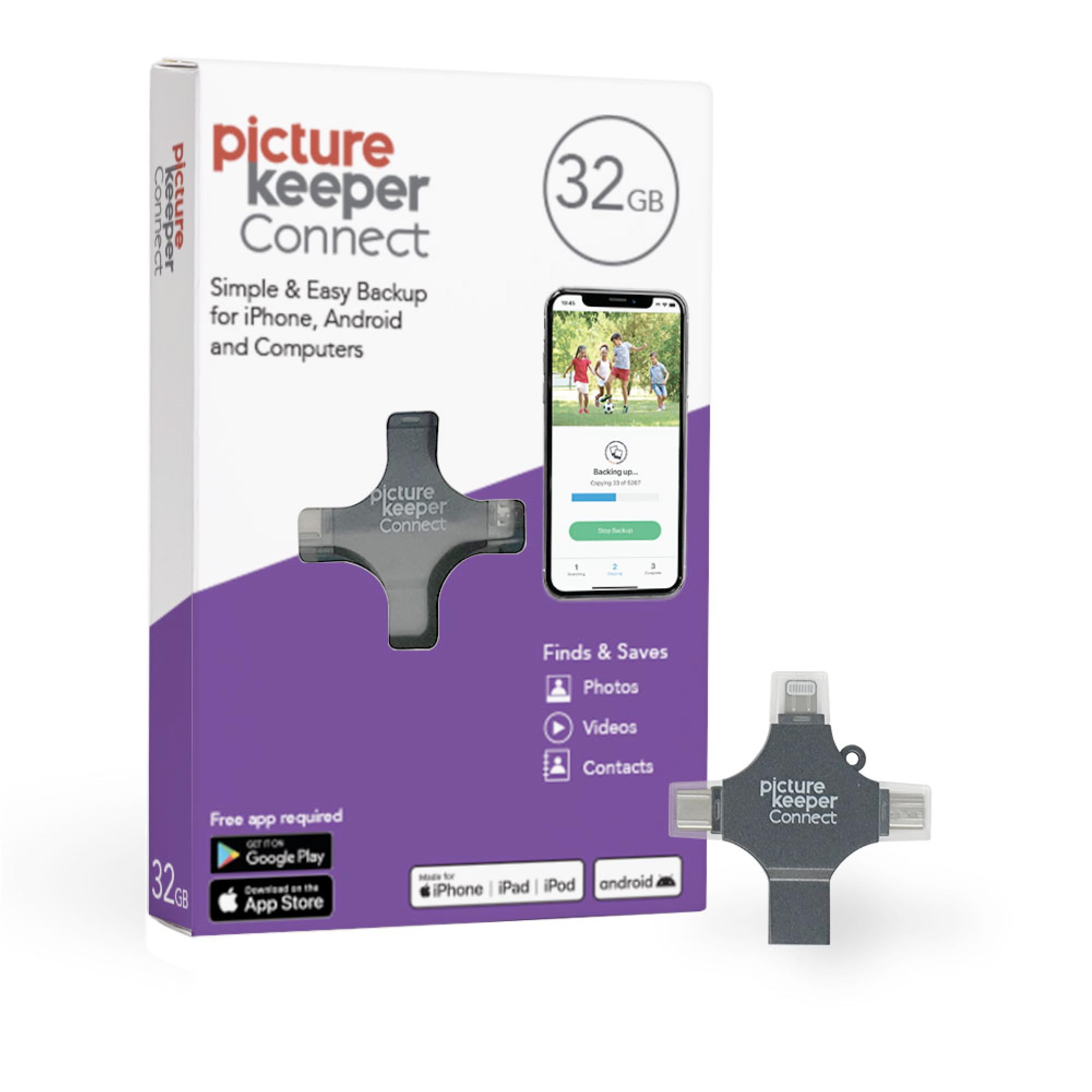 Picture Keeper Connect Photo & Video Flash Drive for PCs, Apple, & Android Devices, 32GB Flash Drive