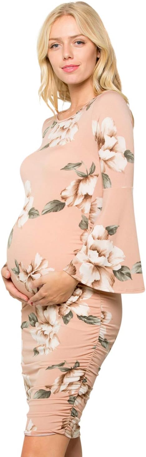 Women's Maternity Dress - Printed Fitted Stretch Bell Sleeve W/Ruched