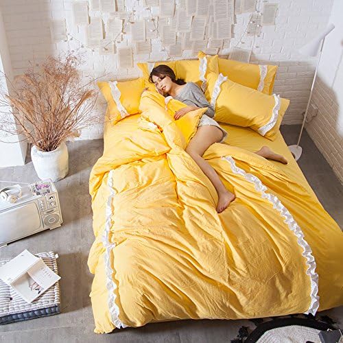 HFDRF Bedding Pure Color Washing Cotton Four Sheets 1.5 / 1.8 m Bed Linen Lace Parent Style Bed Double 1.5-1.8 m Bed Quilt 200 230cm, Yellow