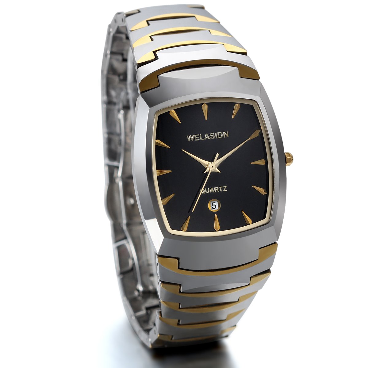 JewelryWe Birthday Gift Tungsten Carbide Square Black Dial Two Tone Quartz Wristwatch Date Men's Watch