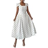 SweatyRocks Women's Polka Dots A Line Long Dress Cap Sleeve Square Neck Flowy Dress with Pockets