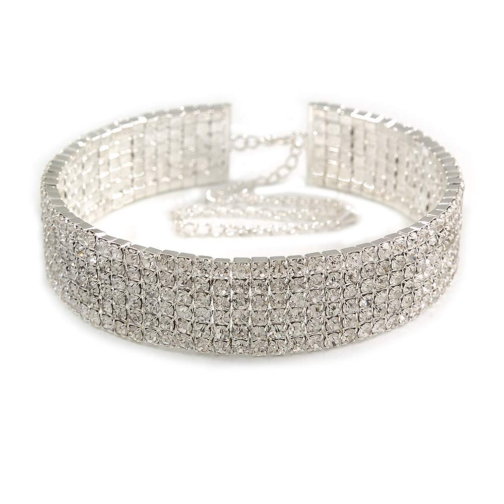 Avalaya Statement Six Row Clear Crystal Wide Choker Necklace In Silver Tone/30cm L/ 18cm Ext