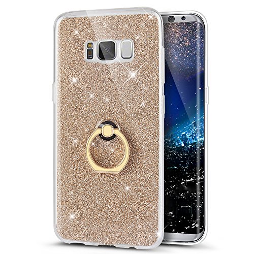 Galaxy S8 Case,[Glitter Case] ikasus Ultra-Slim Scratch-Resistant Shiny Sparkle Bling Glitter Handcraft Ring Holder Kickstand Soft TPU Silicone Rubber Protective Case Cover for Galaxy S8,Gold