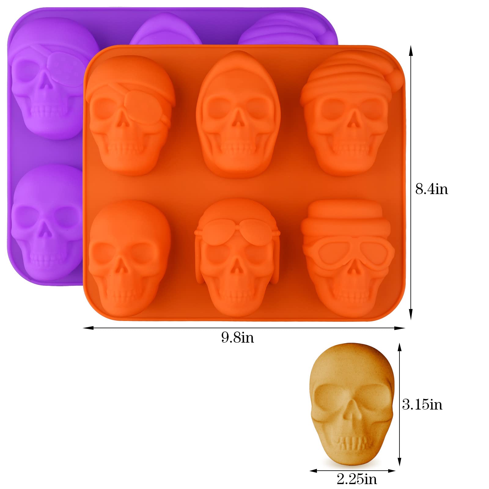 HUAKENER 2 Pack Skull Cake Pan, 6 Cavity Skull Cake Molds, Silicone Skull Baking Pan for Mini Cakes, Chocolate Bomb, Pudding, Halloween Baking