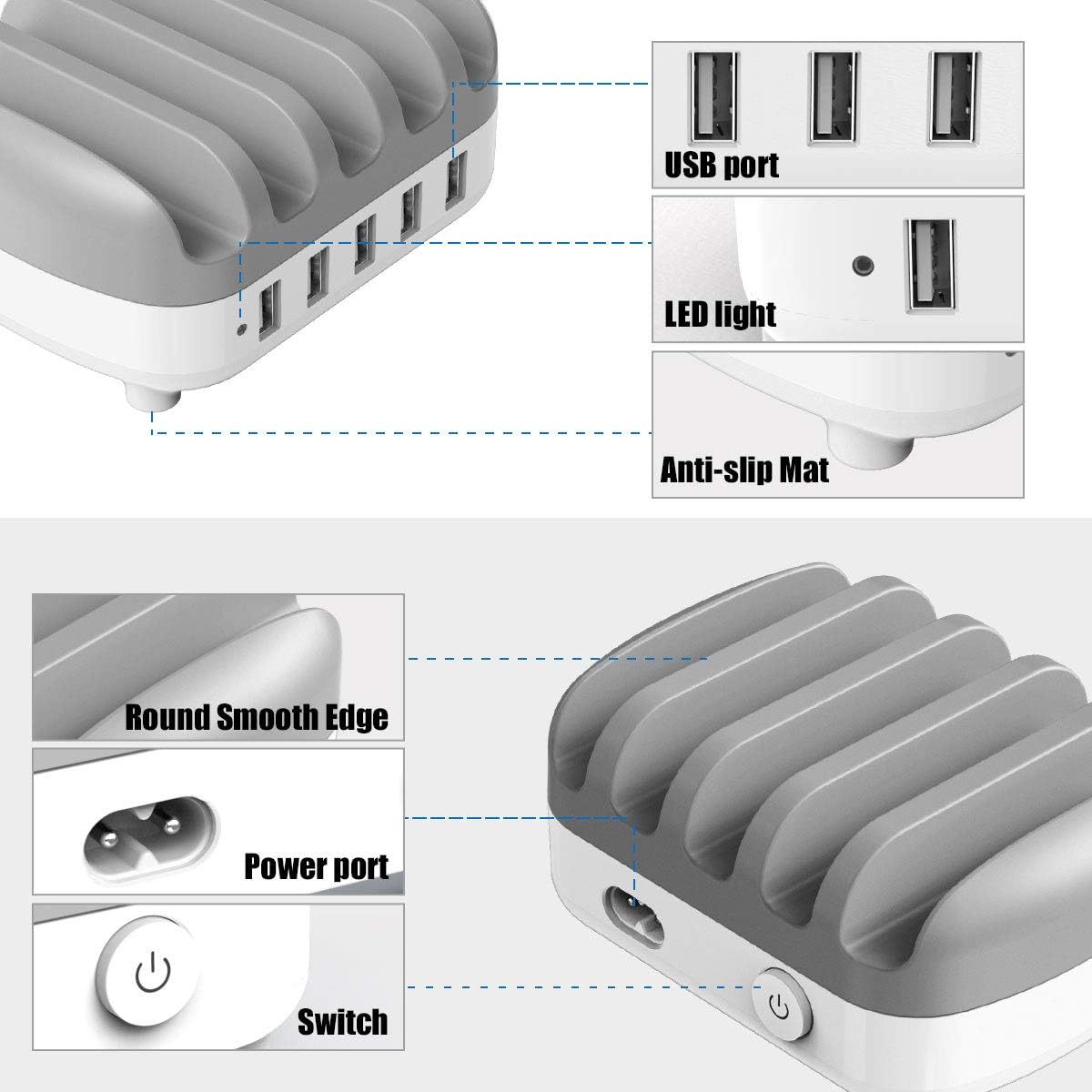 Charging Stations for Multiple Devices, Rekidm Fast Charging Stations Safe USB Charging 5 Ports Compatible with Apple iPhone iPad Products, Extra 5 Mixed Cables for Cell Phones, Smart Phones, Tablets: Electronics