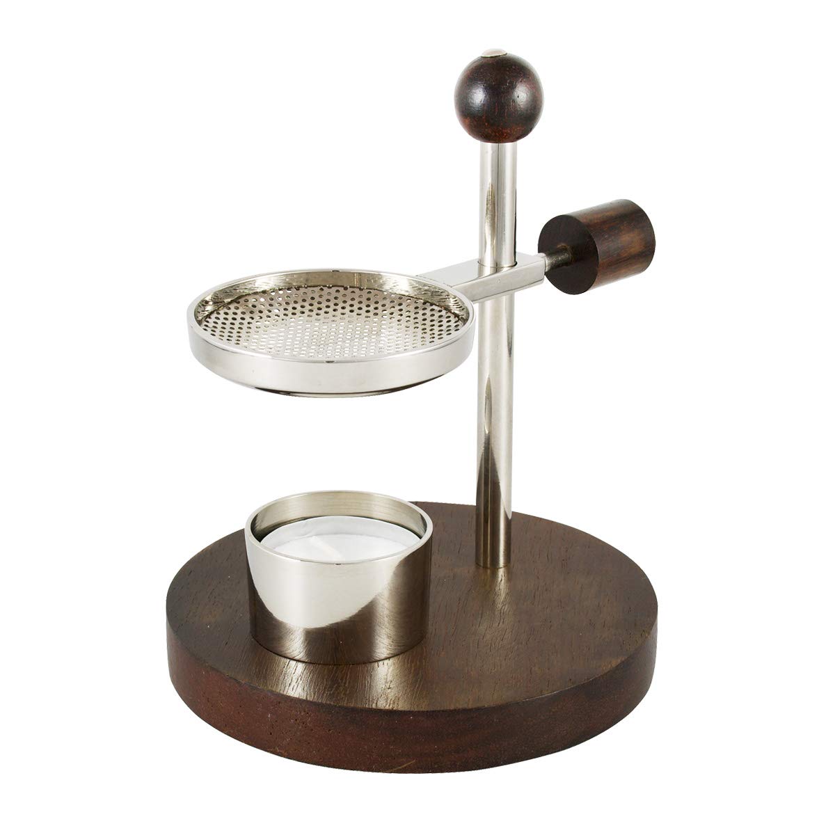 NKLaus incense burner brass nickel plated wooden base tealight height adjustable 2234